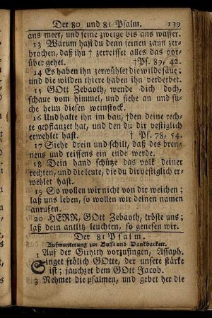 Der 81 Psalm. Aufmunterung zur Busse und Dankbarkeit. - Der 100 Psalm. Danksagung für Gottes Wohlthaten.