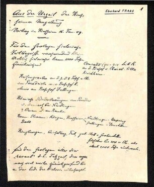 Handschriftliche Notizen für einen Vortrag in Kirchheim am 16.01.1909