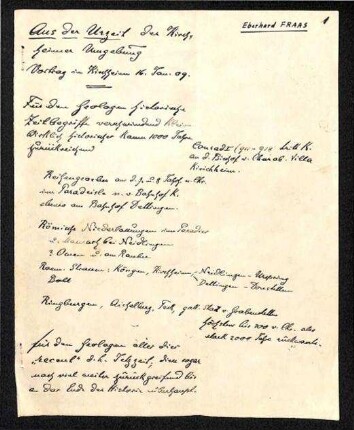 Handschriftliche Notizen für einen Vortrag in Kirchheim am 16.01.1909