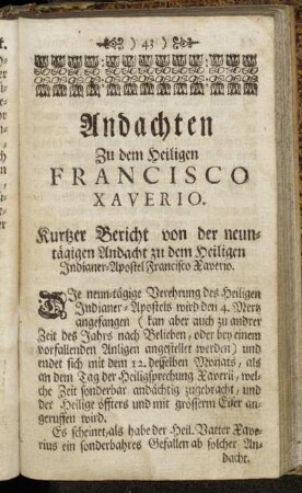 Kurtzer Bericht von der neuntägigen Andacht zu dem Heiligen Francisco Xaverio.