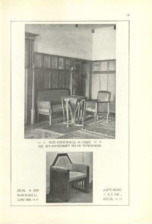 Haus Kantorowicz in Posen. Aus dem Wohnzimmer des Dr. Petrowski ; Stuhl in der Kunstausstellung 1904