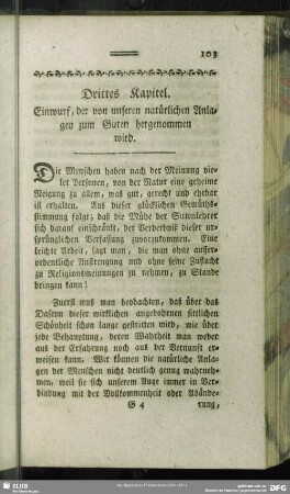 Drittes Kapitel. Einwurf, der von unseren natürlichen Anlagen zum Guten hergenommen wird