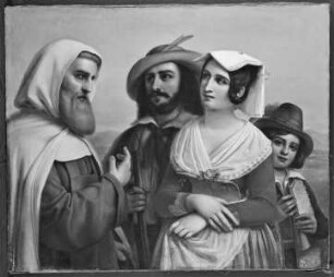 Mönch, Jäger, Albanerin und Pifferaro vor Campagnalandschaft