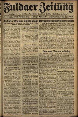 Erste Ausgabe vom Sonntag, den 09. April 1933.