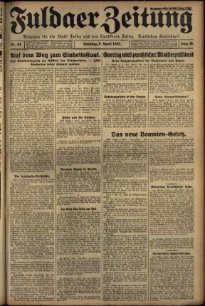 Erste Ausgabe vom Sonntag, den 09. April 1933.