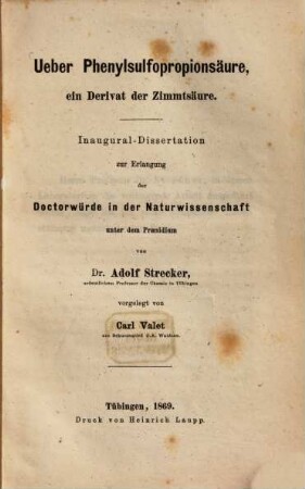 Ueber Phenylsulfopropionsäure, ein Derivat der Zimmtsäure : Inaug. Diss.