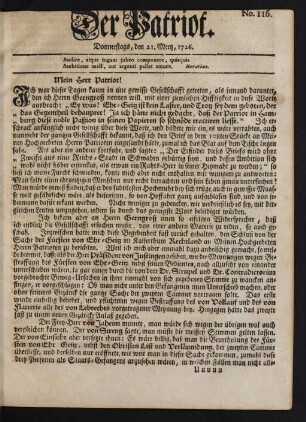 No. 116. Donnerstags, den 21. Mertz, 1726