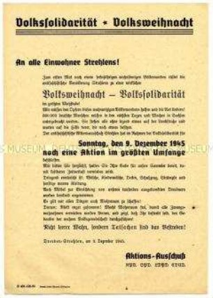 Aufruf des Aktionsausschusses Dresden-Strehlen zu Wäsche-, Sach- und Geldspenden und zur Bereitstellung von Wohnraum zu Weihnachten 1945