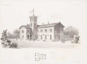 Bahnhof, Schöningen: Grundriss, Perspektivische Ansicht (aus: Architektonisches Skizzenbuch, H. 38, 1858)