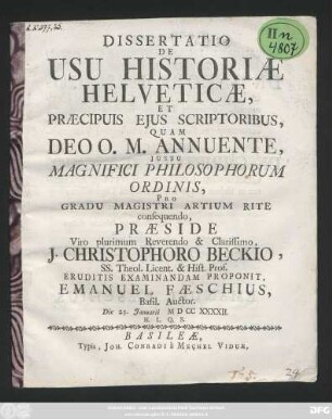 Dissertatio De Usu Historiæ Helveticæ, Et Præcipuis Ejus Scriptoribus