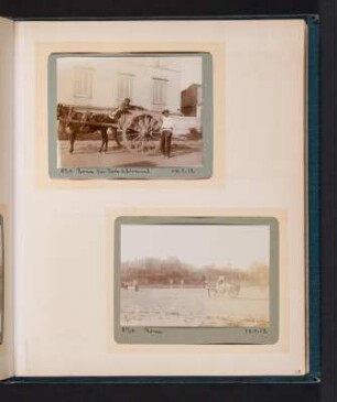 Fotoalbum einer Italienreise von Vendig bis Neapel : Albumseite 17 mit zwei Fotografien von Rom (Pferdefuhrwerk und Straßenszene)