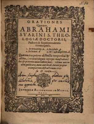 Orationes quatuor... de invocatione, de jejunio, de scholis, de lapsu angelorum ...