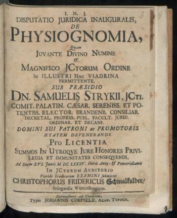 Disputatio Iuridica Inauguralis, De Physiognomia