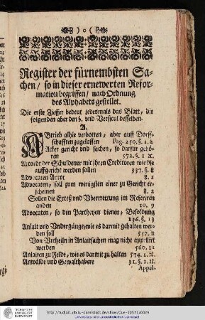 Register der fürnembsten Sachen so in dieser ernewerten Reformation begriffen nach Ordnung des Alphabets gestellet