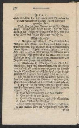 Plan nach welchen die Lectionen und Stunden in diesen verflossnen halben Jahre vertheilt gewesen sind