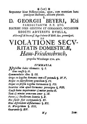 De violatione securitatis domesticae Haus-Friedensbruch, prop. Wittebergae 1701