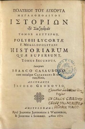 Polybiu Tu Lykorta Megalopolitu Historiōn Ta Sōzomena, 2
