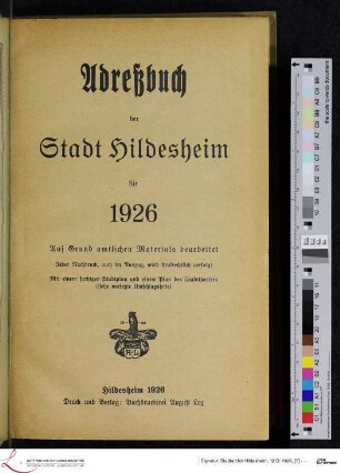 1926: [1926] Adreßbuch der Stadt Hildesheim : für 1926