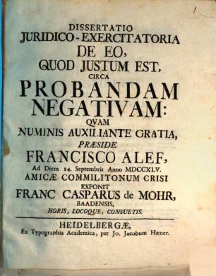 Diss. iur. exercit. de eo quod iustum est circa probandam negativam