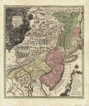 Karte von den Staaten New York, New Jersey und Pennsylvania, ca. 1:990 000, Kupferstich, um 1740