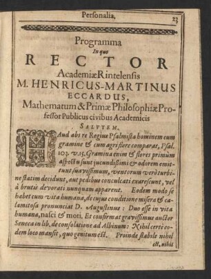 Programma in quo Rector Academiae Rintelensis M. Henricus-Martinus Eccardus, Mathematum & Primae Philosophiae Professor Publicus civibus Academicis Salutem