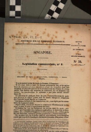 Documens sur le commerce extérieur. Singapore. Législation commerciale. 1. 1843