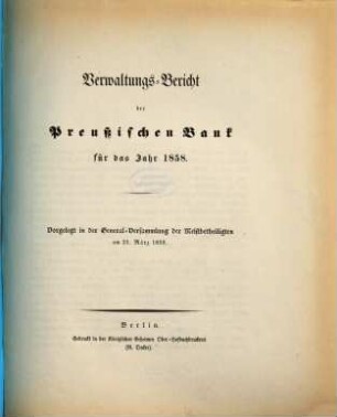 Verwaltungsbericht der Preussischen Bank. 1858 (1859)