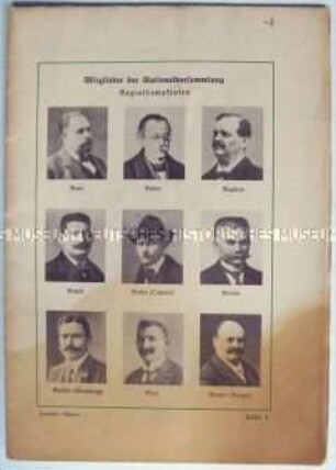 Fragment einer Broschüre mit Bildtafeln der sozialdemokratischen Abgeordneten der Nationalversammlung 1919