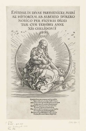 Maria auf der Mondsichel, Titelblatt aus: Albrecht Dürer, "Epitome in Divae Parthenices Mariae Historiam ab Alberto Durero Norico per figuras digestam cum versibus annexis Chelidonii", Nürnberg 1511