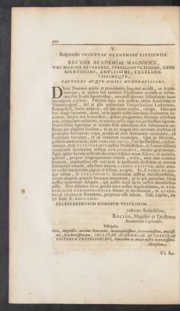 V. Responsio Inclutae Academiae Lipsiensis