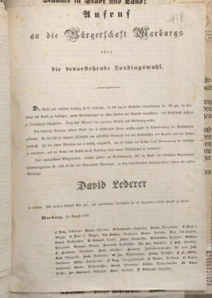 Aufruf an die Bürgerschaft Marburgs über die bevorstehende Landtagswahl.