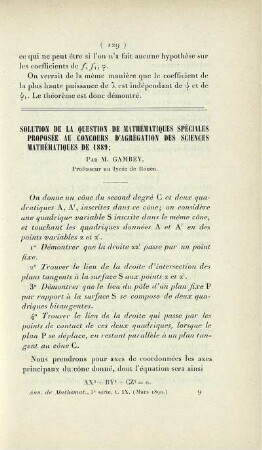 Solution de la question de mathématiques spéciales proposée auc concours d'agrégation des sciences mathématiques de 1889.