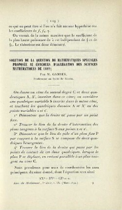 Solution de la question de mathématiques spéciales proposée auc concours d'agrégation des sciences mathématiques de 1889.