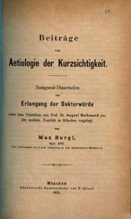Beiträge zur Aetiologie der Kurzsichtigkeit : Inaug. Diss.
