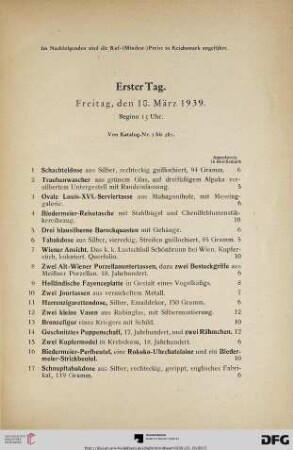 Erster Tag: Freitag, den 10. März 1939. Beginn 15 Uhr (Nr. 1-281)