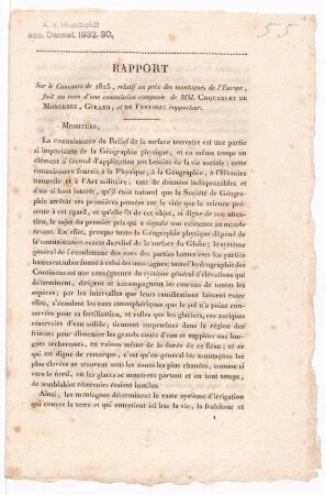 Rapport sur le Concours de 1825, relatif au prix des montagnes de l'Europe, fait au nom d'une commission composée de MM. Coquebert de Montbret, Girard, et de Férussac, rapporteur.