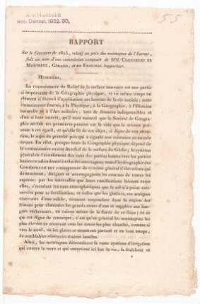Rapport sur le Concours de 1825, relatif au prix des montagnes de l'Europe, fait au nom d'une commission composée de MM. Coquebert de Montbret, Girard, et de Férussac, rapporteur.