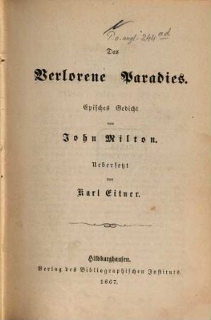 Das verlorene Paradies : Episches Gedicht