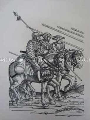 Kriegerdarstellung, drei Reiter mit Lanzen, 1510/1520.