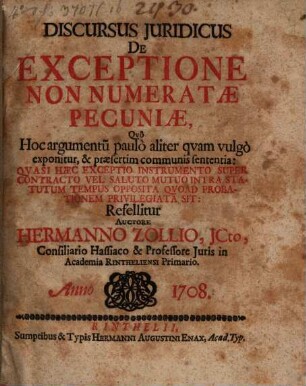 Discursus iur. de exceptione non numeratae pecuniae