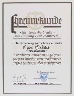 EHRENURKUNDE für EGON SPLINTER