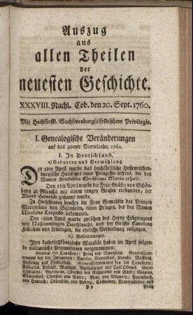 XXXVIII. Nachl. Coburg, den 20. Sept. 1760.