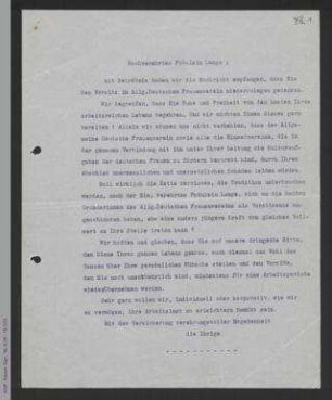 Brief von Unbekannt an Helene Lange