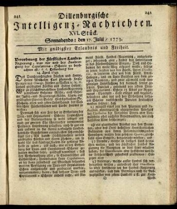 XVI. Stück. Sonnabends: den 17. Julii / 1773.