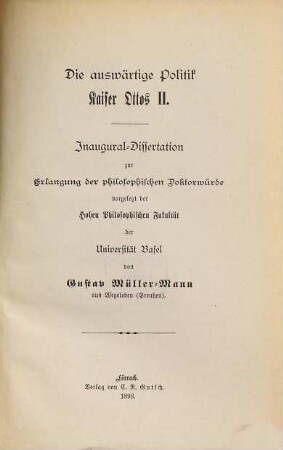 Die auswärtige Politik Kaiser Ottos II. : Inaugural-Dissertation