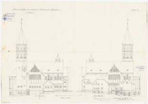 St. Bonifatius (mit Pfarrhaus), Dortmund-Schüren: Ansicht von Norden und Süden 1:100