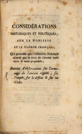 Considerations historiques et politiques sur la noblesse et le Clerge de Français