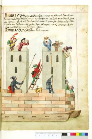 Hölle 1504: Burg mit 2 Türmen, von Narren erstürmt
