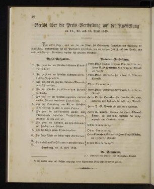 Bericht über die Preis-Vertheilung auf der Ausstellung am 11., 12. und 13. April 1843.