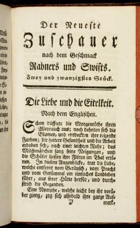 Der neueste Zuschauer nach dem Geschmack Rabners und Swifts. Zwey und zwanzigstes Stück.